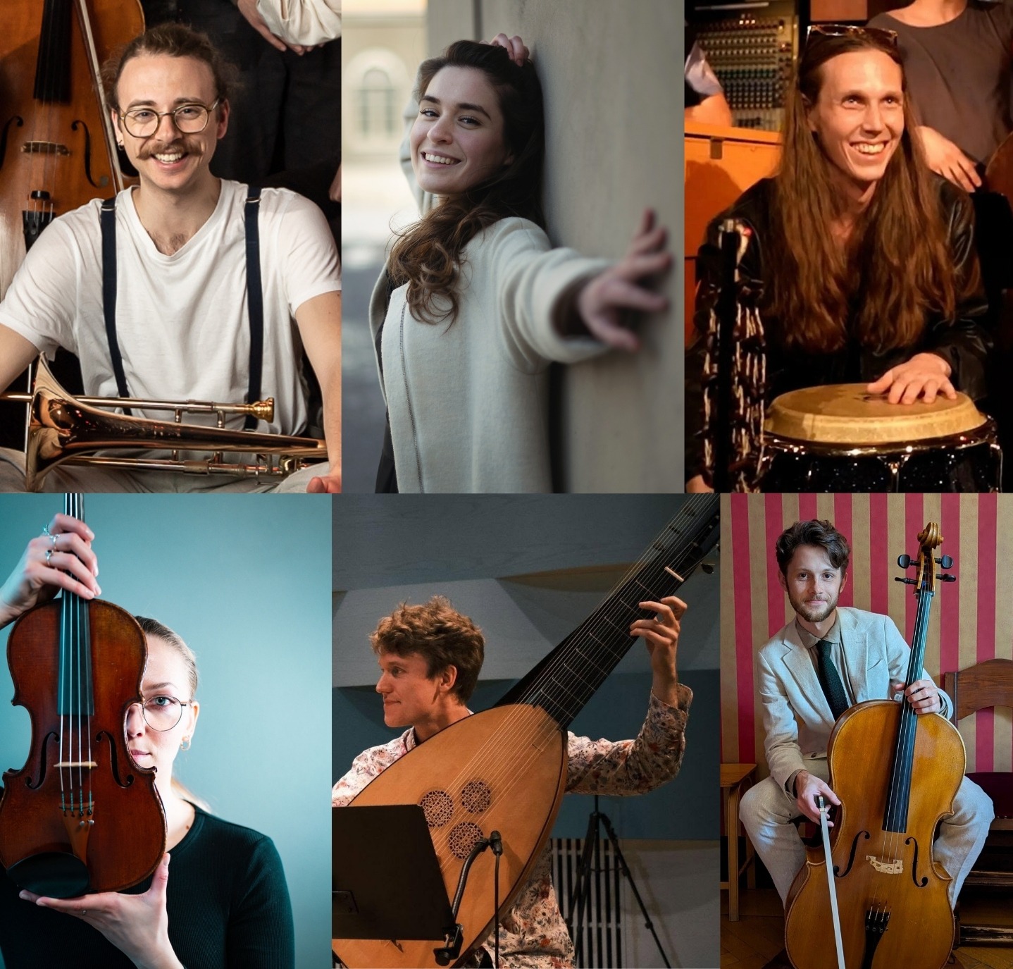 Ville Weréen sitter med en trombon i knät; Laura del Sol Orostica står leende lutad mot en vägg; Benjamin Black leende med handen på en trumma; Agnes Scherwin håller en violin halvt framför ansiktet; Olov Nilsson spelar teorb; Samuel Lazar Eriksson sittande med en cello.