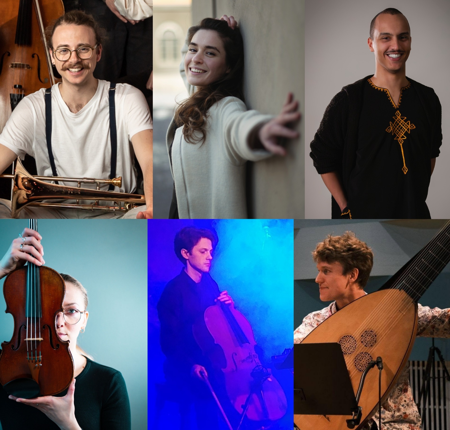 Ville Weréen sitter med en trombon i knät; Laura del Sol Orostica står leende lutad mot en vägg; Markus Isberg står leende; Agnes Scherwin håller en violin halvt framför ansiktet; Samuel Lazar Eriksson med cello på mörk, rökig scen; Olov Nilsson spelar teorb.
