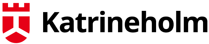 Katrineholms kommuns logotype. Katrineholm med svarta text bredvid stiliserat kommunvapnet i rött och vitt.