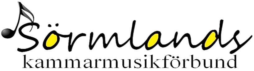 Sörmlands kammarmusikförbunds logotype. En not bredvid svart text. Ö, a och d fyllda med gult i ordet Sörmland.
