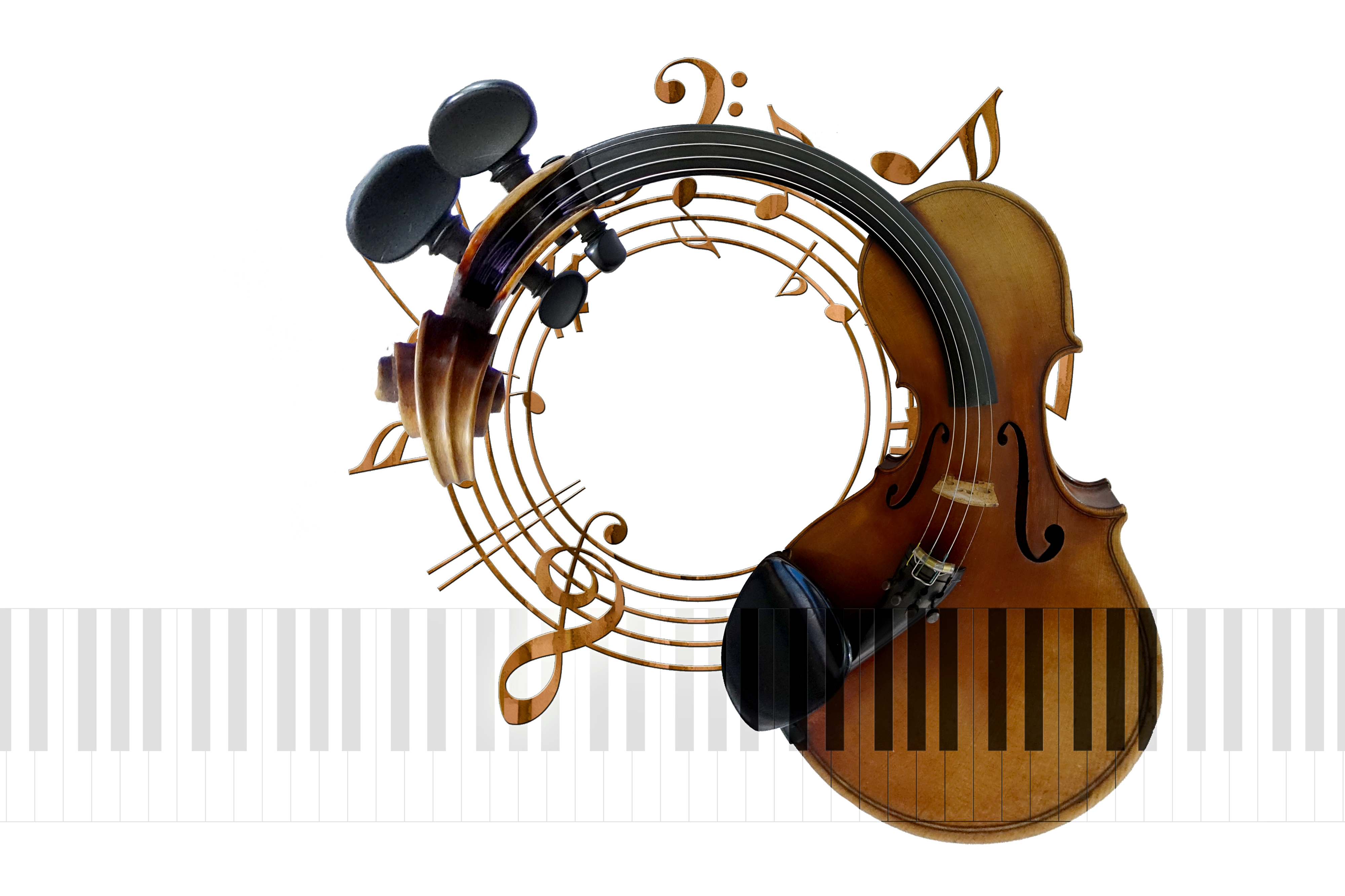 Cirkel av bruna notlinjer med noter och klavar. Till höger en cello vars mittendel, strängar och skaft formats längs merparten av cirkeln. Gråvitt klaviatur under cirkeln, delvis över cellon.