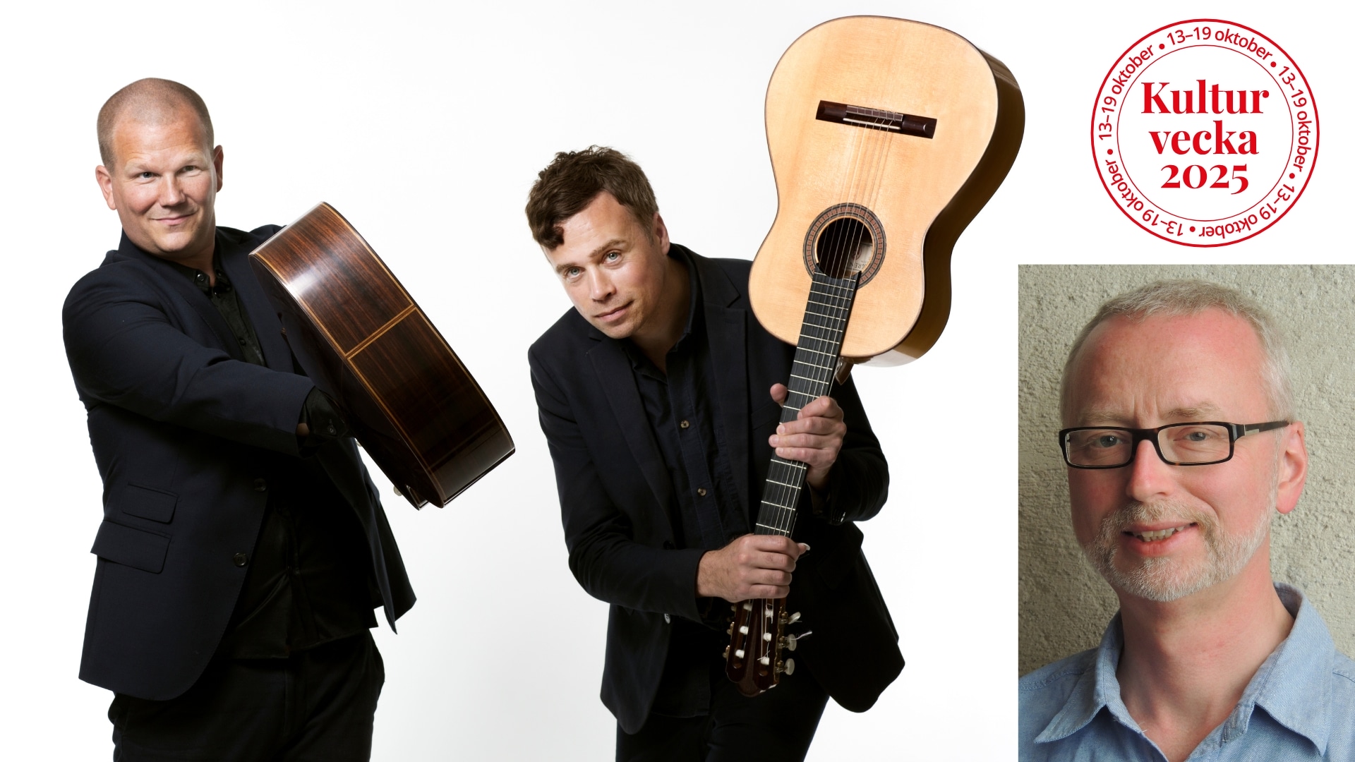 Thomas Hansy och David Hansson håller upp varsin gitarr i luften. / Ansiktsporträttfoto på Dick Harrison.