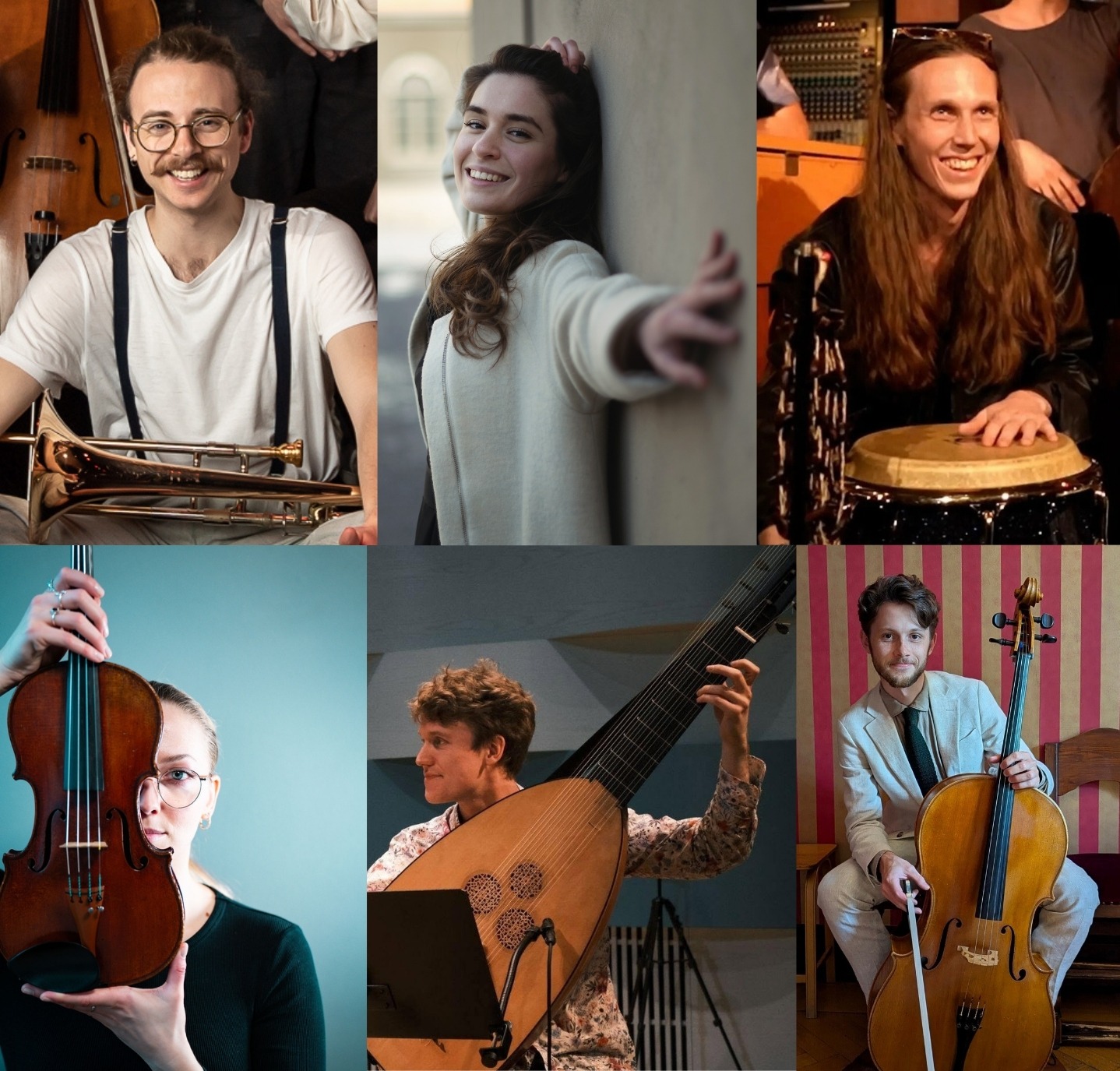 Ville Weréen sitter med en trombon i knät; Laura del Sol Orostica står leende lutad mot en vägg; Benjamin Black leende med handen på en trumma; Agnes Scherwin håller en violin halvt framför ansiktet; Olov Nilsson spelar teorb; Samuel Lazar Eriksson sittande med en cello.