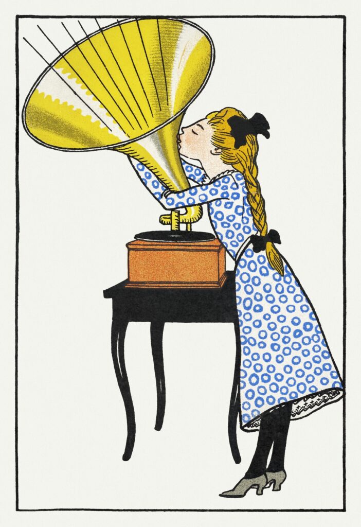 Litografin O, Caruso av Moriz Jung, 1911. Motiv: Flicka kramar och kysser ömt en grammofontratt. Linjer illustrerar musik ur tratten.