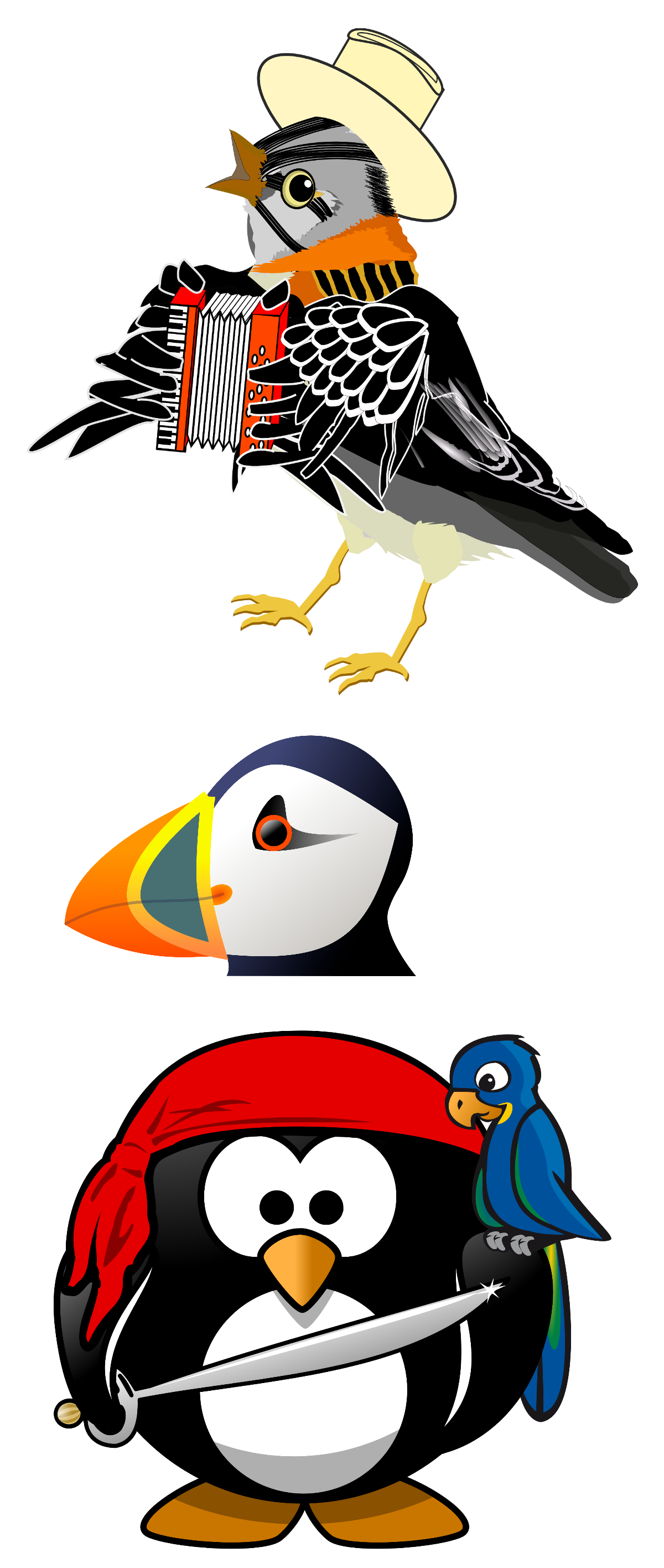 Illustrationer: Sparv med hatt och dragspel. Lunnefågelhuvud. Pingvin som pirat med papegoja på vingen.