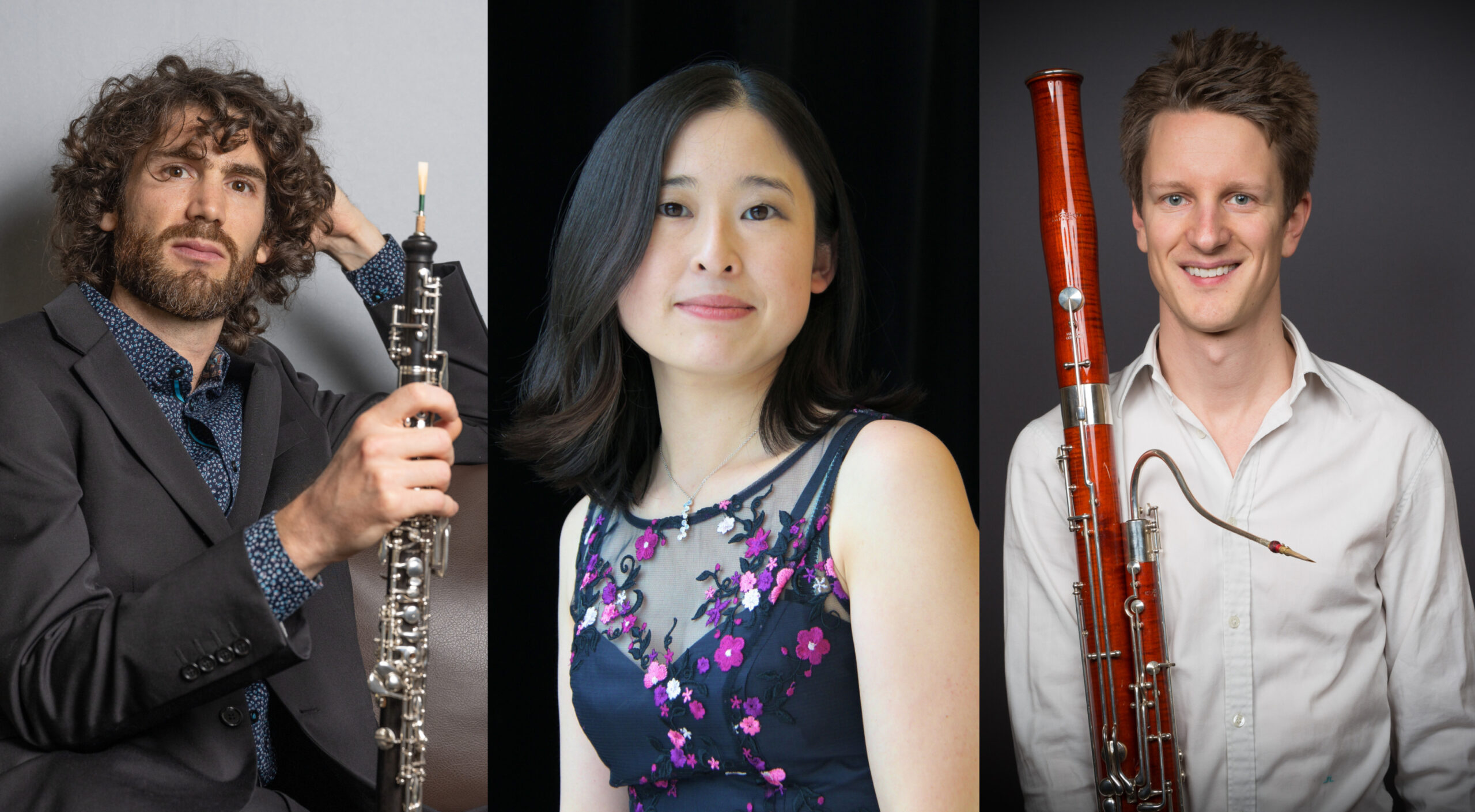 Emmanuel Laville med oboe i handen, andra handen bakom huvudet. Asuka Nakamura. Sebastian Stevensson med fagott. Fotokollage.