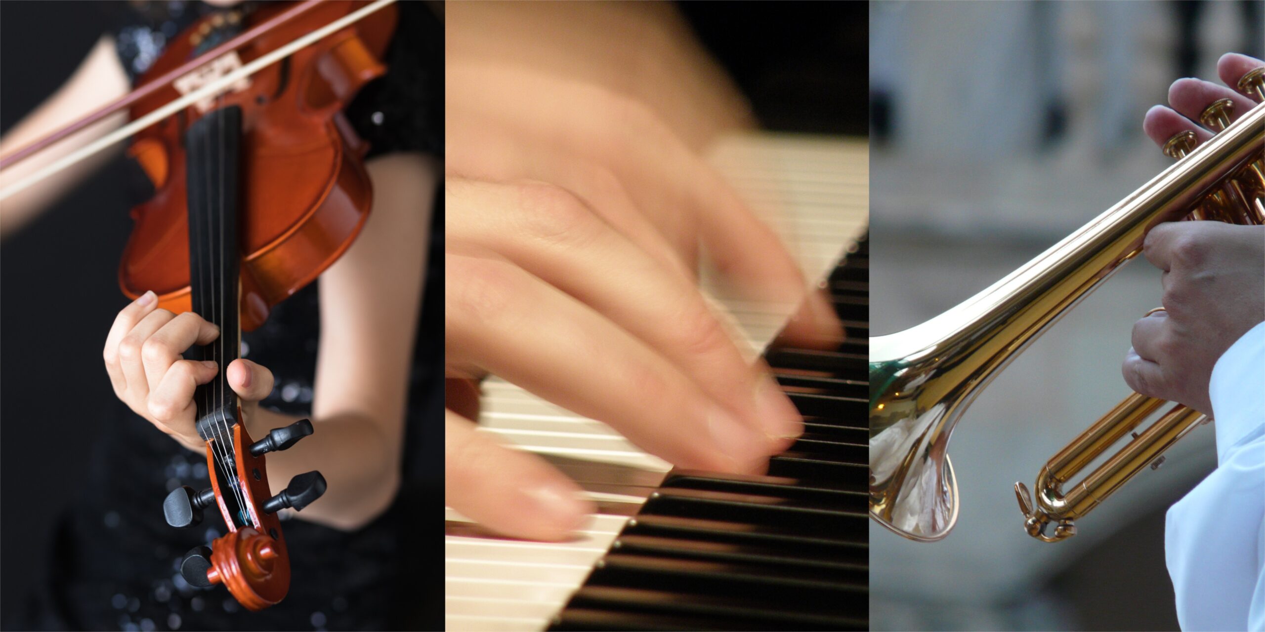 Tre foton/närbilder. Violinspelande kvinna. Pianisthänder i rörelse på klaviatur. Händer som spelar trumpet.